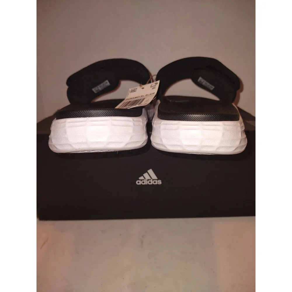 Adidas Duramo SL Slide Sandals Black White Mens Size 7 NEW NIB Athletic FY8786